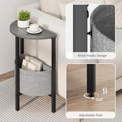 Small Round Side Table End Table, Tall Accent Table with Storage Basket, Set of 2 Half Round Table Half Moon Tables, Coffee Bedside Table Modern Nightstand for Living Room Bedroom Gray Walnut - color: Gray Walnut