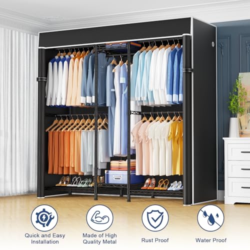 E12C Heavy Duty Closet Organizer System，Freestanding Clothing Rack, Adjustable Garment Rack 57.1" W x 16" D x 76.5" H Holds 860 lbs, Black Clothing Rack with Black Dustproof Cover - color: Black Rack With Black Cover, size: E12C