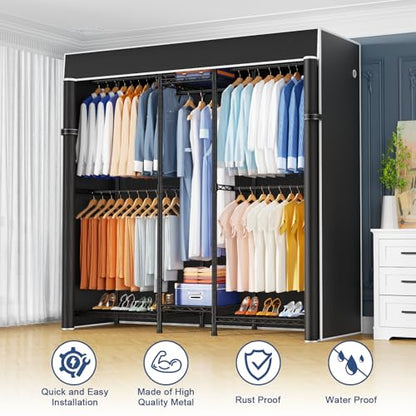 E12C Heavy Duty Closet Organizer System，Freestanding Clothing Rack, Adjustable Garment Rack 57.1" W x 16" D x 76.5" H Holds 860 lbs, Black Clothing Rack with Black Dustproof Cover - color: Black Rack With Black Cover, size: E12C