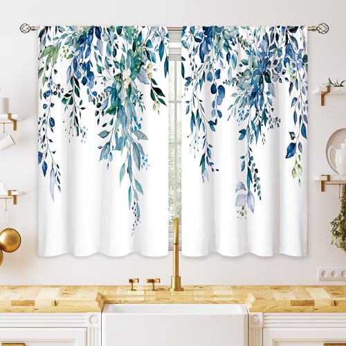 Teal Eucalyptus Botanical Leaves Floral Small Kitchen Curtains Blue Flower Window Treatment Wildflower Plant Cafe Short Window Curtains for Bathroom Room Tier Treatment Drapes 26x30 inch - color: 07 Navy Blue, size: 26"W x 30"L (Pack of 2)
