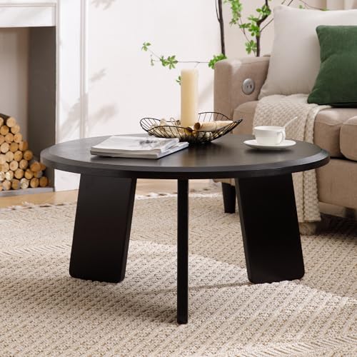 32" Round Coffee Table for Living Room, Wood Coffee Table with Solid Wood Legs, Small Center Table for Apartment, Modern Rustic Coffee Table with Anti-Resistant Top, Easy Assembly, Black - color: Circle, Black