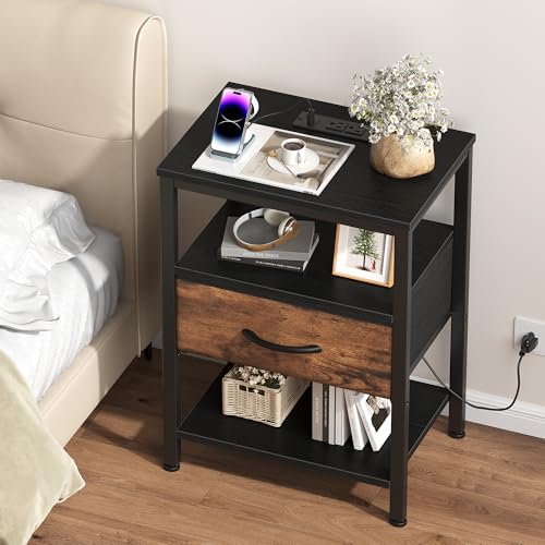 OLIXIS Nightstand with Charging Station, Beside Table with Fabric Drawer | 3-Tier End Table with 2 Storage Shelves,Night Stand with USB Ports and Outlets for Bedroom, Black and Rust - color: Black and Brown, size: 15.7"Dx11.8"Wx23.4"H(1 Drawer, 1 Pack)