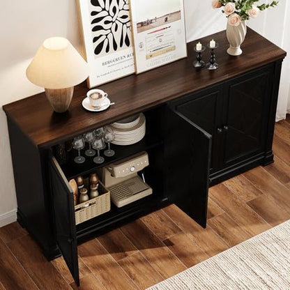 63 Inches Buffet Cabinet with Storage, Large Sideboard Cabinet with 4 Barn Doors, Adjustable Shelves, Wood Coffee Bar Station for Kitchen, Living Room, Black - color: Black