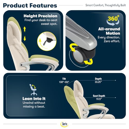 Serta Bryce Executive Office Chair - Ergonomic Computer DeskChair with Lumbar Technology - Adjustable Height - Memory Foam Body Pillows - 360° Swivel Rolling Base - Bonded Leather - Cream - color: Cream White