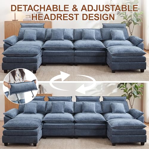 134'' U Shaped Sectional Couch, Cloud Deep Seat Sofa Couch with 2 Ottoman, Detachable Headrest, Oversized Modular 5 Seater Sofas for Living Room, Blue - color: Blue, size: U Shaped Couch