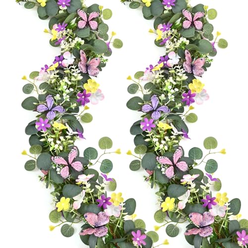 2Pcs Eucalyptus Garland with Daisy 3D Butterfly, Green Garland with Flowers, 5.9FT Artificial Faux Eucalyptus Leaves Vines for Table Mantle Home Wedding Party Indoor Outdoor Decor - color: Butterfly Eucalyptus, size: 2Pcs