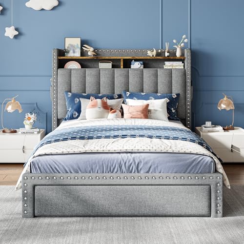 EnHomee Twin Bed Frame with Large Drawer & 2-Tier Storage Headboard Shelf | 2 side pockets, Under-Bed space, Fabric upholstered, 1000lbs for bedroom apartment, Noise-Free, Easy Assembly, Grey - color: Grey, size: Twin
