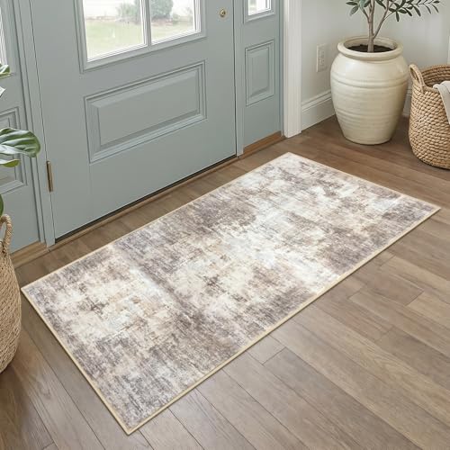 Abstract Runner Rug 2x4 Ft Entryway Rugs Washable Door Mat Indoor Entrance, Rubber Backed Entryway Runners, Printed Faux Wool Non Slip Floor Carpet for Foyer Front Door Sink, Beige Brown - color: Gold/Yellow/Brown/Beige/White, size: 2' x 4' (Rectangular)