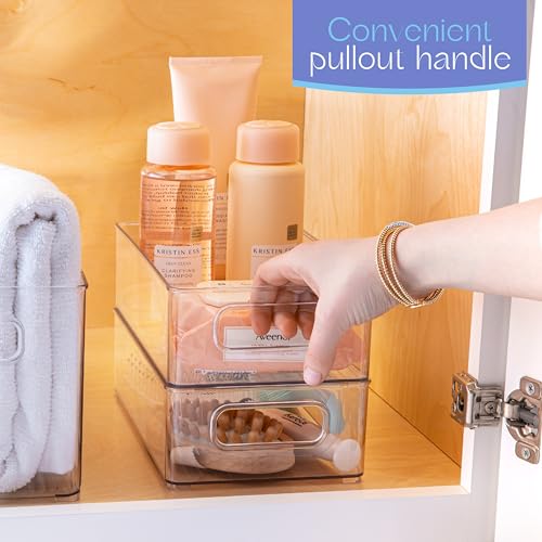 Plastic Food Storage 4 Pack Clear Container Bin with Handles for Organizing Kitchen, Pantry, Refrigerator, Freezer, Pantry, Cabinet, Closet, Bathroom. Stackable 10”x6”x3” - size: 10x6x3