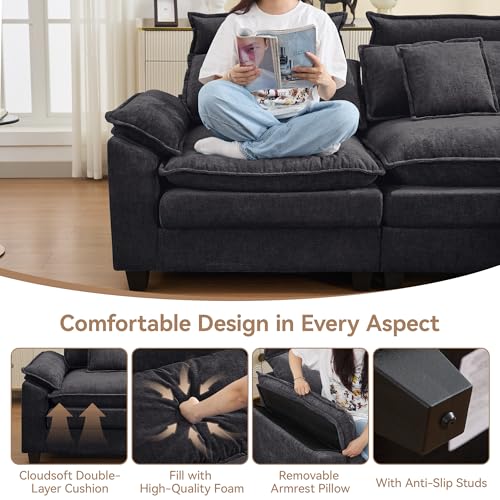 46''Cloud Sofa Chair with Detachable Headrest, Oversized Upholstered Arm Accent Chair with Ottoman, Modern Chenille Reading Lounge Comfy Armchair for Living Room,Bedroom, Dark Grey - color: Dark Grey, size: Oversized Chair with Ottoman