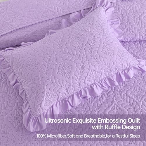 DJY Queen Quilt Set, Ruffled Bedding, Lavender Purple Bedspreads | Lightweight Soft Coverlet, 3 Piece Basket Weave Quilted Blanket Thin Quilt Bed Cover for All Season, 96''x90'' - color: Lavender, size: Queen