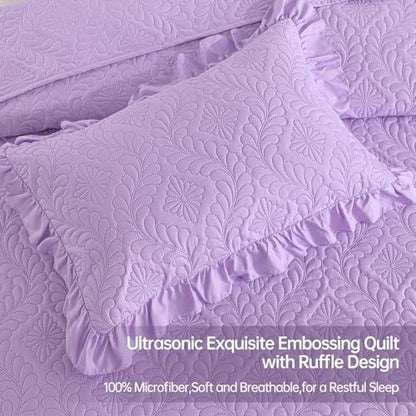 DJY Queen Quilt Set, Ruffled Bedding, Lavender Purple Bedspreads | Lightweight Soft Coverlet, 3 Piece Basket Weave Quilted Blanket Thin Quilt Bed Cover for All Season, 96''x90'' - color: Lavender, size: Queen