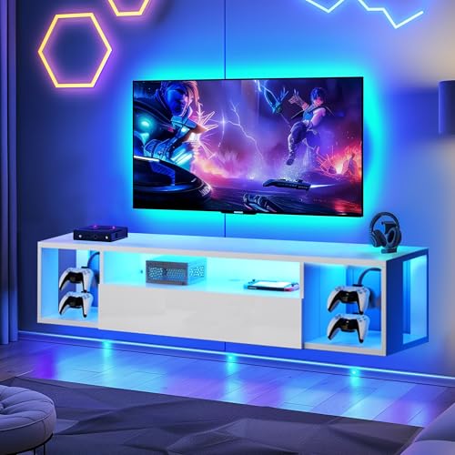sogesfurniture 55'' Floating TV Stand Wall Mounted with Lights, Floating Entertainment Center with Lights, Modern Media Console with Storage, Wall Mounted LED TV Stand for Living Room - size: 55''-White