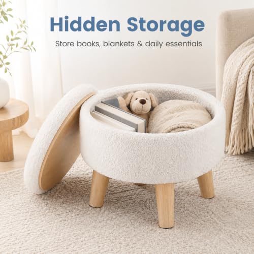 Simple Deluxe 13" Round Storage Ottoman with Wooden Legs & Dual-Use Tray Lid, Fluffy Teddy Boucle Ottoman Footstool for Bedroom, Living Room & Vanity, Beige - color: Beige