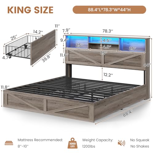 Farmhouse Bed Frame King Size with Bookcase Storage Headboard, Charging Station and LED Lights, Wooden King Bed Frame with 4 Drawers, Barn Door Design, No Box Spring Needed, No Noise, Grey - color: Grey, size: King