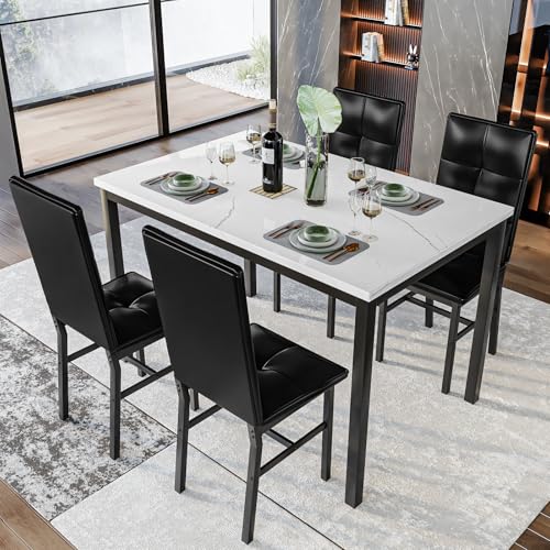 Hooseng Dining Table Set for 4, Faux Marble Small Kitchen Table with 4 PU Leather Chairs, Modern 5 Piece Dinner Table Set for Dining Room, Breakfast Nook, Samll Space, White & Black - color: White