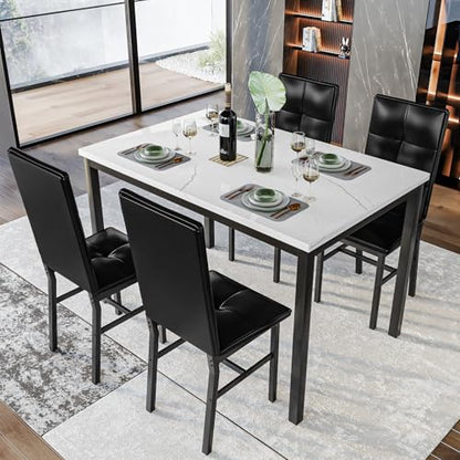 Hooseng Dining Table Set for 4, Faux Marble Small Kitchen Table with 4 PU Leather Chairs, Modern 5 Piece Dinner Table Set for Dining Room, Breakfast Nook, Samll Space, White & Black - color: White