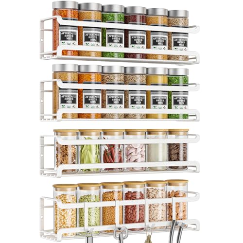 Bunoxea Spice Rack Wall Mounted 4 Pack, White,11.41x2.75x2.75in | 4 Removalble Hooks,Screw or Adhesive Hanging,Space-Saving,For Kitchen Cabinet, Pantry Door,Stove,RV - color: White, size: 4Pack
