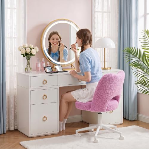 DurayLoly Vanity Chair with Wheels & Open Back,Light Purple | Soft Teddy Fabric, Armless, 6" Thick Cushion, Height Adjustable, 300 lbs, 360° Swivel for Vanity Table, Home Office - color: Light Purple