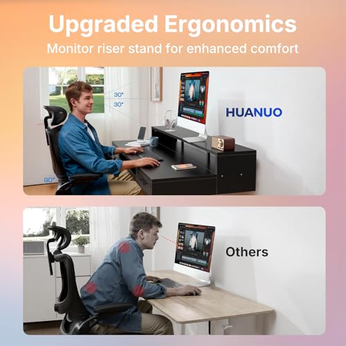 HUANUO 63″ x 26″ Electric Standing Desk with 2 Drawers &24.4″ Large Keyboard Tray, C-Clamp Mount Compatible, Adjustable Computer Desk for Office, Sit Stand Up Desk with 4 Height Presets, Black - color: Black, size: 63*26 inch
