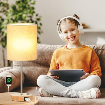 Lynnoland Set of 2 Touch Wood Table Lamps, Bedroom Lamps with 2 USB AC Outlet, 3-Way Dimmable Bedside Nightstand Lamps for Bedroom Living Room Nursery, 800 Lumens 2700K Bulbs Included - color: (2 Pack)Cream & Wood(Base)-2700K Bulbs Included