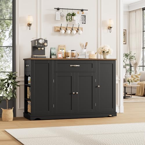 HOSTACK 47" W Kitchen Island Cart with Storage, Rolling Island Table, Black | Mobile Kitchen Storage Islands on Wheels with 2 Drawers, Adjustable Shelves, Movable Buffet Cabinet for Dining room - style: Black + Rustic Brown