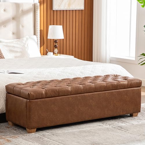 60.2" Storage Ottoman Bench for Bedroom Bed End,Brown PU Leather Bench with Seating,Button Tufted Ottomans with Storage for Living Room,Bedside,Entryway (Brown, 60.2") - color: Brown, size: 60.2"