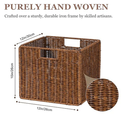 Wicker Storage Basket - Large 12x12x10in Cube, Woven Wicker for Shelves, Pantry, Kitchen & Bathroom Organization (Brown) - color: Brown