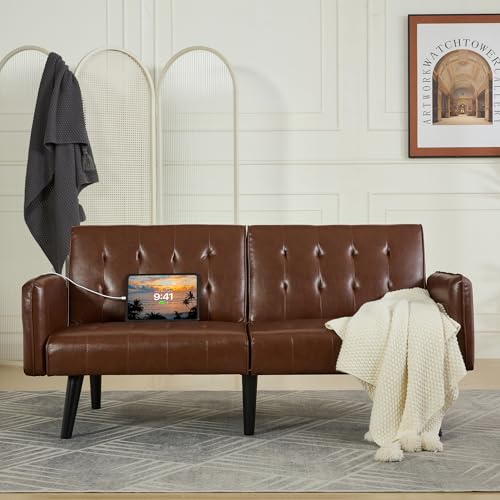 65'' Convertible Futon Sofa Bed with USB, Small Couch for Living Room | Sleeper Sofa and Loveseat, Adjustable Folding Couch with Tufted Design and 2 USB Ports, Bedroom Apartment Office, Brown - color: Brown