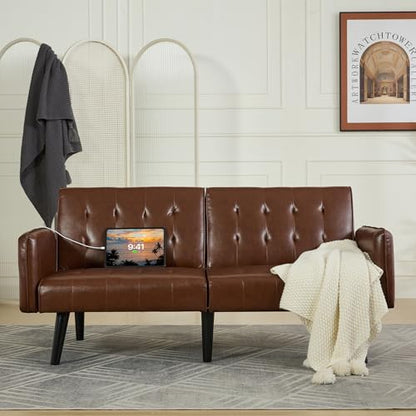 65'' Convertible Futon Sofa Bed with USB, Small Couch for Living Room | Sleeper Sofa and Loveseat, Adjustable Folding Couch with Tufted Design and 2 USB Ports, Bedroom Apartment Office, Brown - color: Brown