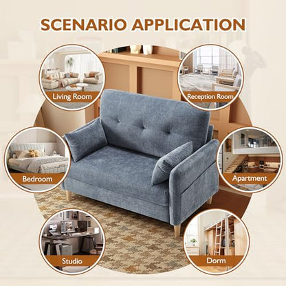 Urhanherry 47" Small Sofa Couch for Bedroom, Soft Chenille loveseat Mini Couch with Throw Pillow and Removable Cushion Cover for Small Spaces, Living Room, Apartment, Dorm, Office(Blue Grey) - color: Blue