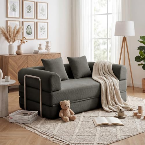 53.15'' Convertible Compressed Corduroy Folding Cloud Sofa Bed, Modern Boneless Pull Out Loveseat Sleeper in a Box, 4 in 1 Floor Mattress Futon Cloud Couch, No Assembly Needed, Grey, 2 Pillows, Full - color: Grey, size: 53.15''