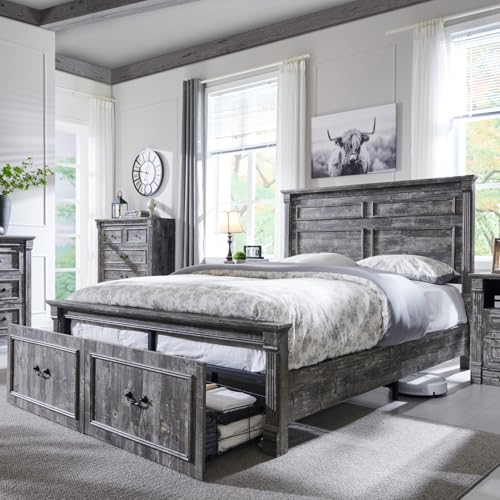 Aitjunz Farmhouse Queen Size Bed Frame with 51" Tall Headboard, Wood Platform Bed Frame with 20" Tall Roman Column Decoration Footboard & 2 Large Storage Drawers, No Box Spring Needed (Light Grey) - color: Black, size: Queen