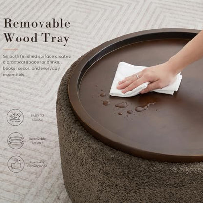 Zihanhome 30" Round Chenille Storage Ottoman Coffee Table with Removable Tray Top, Large Hidden Storage Ottoman, Solid Wood Legs for Living Room, Bedroom, Apartment (Dark Brown) - color: Dark Brown