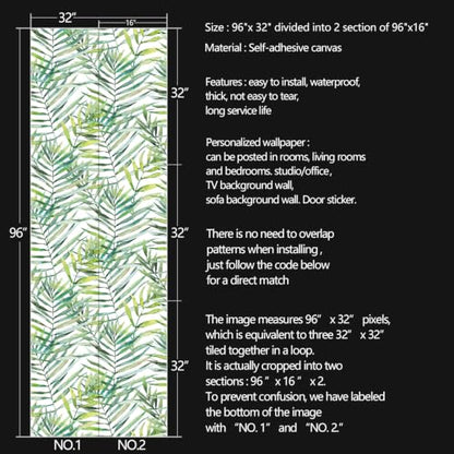 Tropical Watercolor Green Leaf Plants Peel and Stick | self adhesive Wallpaper - 96''x32'' - color: X10, size: 32" x 96"