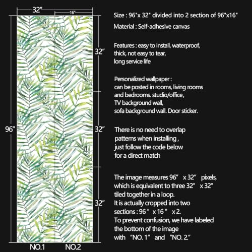 Tropical Watercolor Green Leaf Plants Peel and Stick | self adhesive Wallpaper - 96''x32'' - color: X10, size: 32" x 96"
