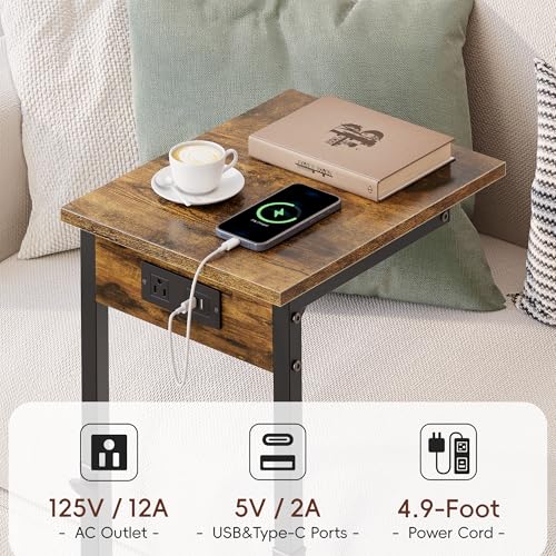 C Shaped End Table with Charging Station, 33"Tall Side Table for Couch, C-Table End Table Adjustable Height Side Table,Slide Under Couch Table TV Tray Table for Sofa,Living Room,Bedroom,Brown - color: Rustic Brown, style: Charging Station