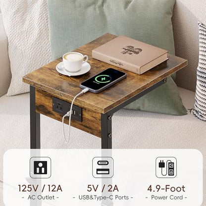 C Shaped End Table with Charging Station, 33"Tall Side Table for Couch, C-Table End Table Adjustable Height Side Table,Slide Under Couch Table TV Tray Table for Sofa,Living Room,Bedroom,Brown - color: Rustic Brown, style: Charging Station