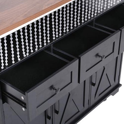 46.5'' Farmhouse Kitchen Island with Charging Station, Drop Leaf & Bead Drape - Mobile Rolling Cart, Ample Storage, Rustic Wood Grain Countertop for Compact Spaces (Black+Brown) - color: Black+brown)
