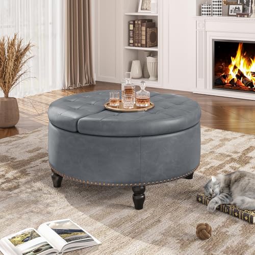 FiveWillowise 30 Inch Large Round Ottoman with Storage Circular,Gray Grey | Leather Coffee Table with Lift Top,Modern Upholstered Button Tufted Footrest Stool Solid Wood Legs for Living Room,Bedroom - color: Grey