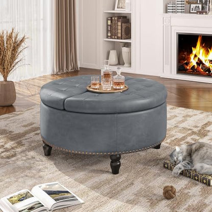 FiveWillowise 30 Inch Large Round Ottoman with Storage Circular,Gray Grey | Leather Coffee Table with Lift Top,Modern Upholstered Button Tufted Footrest Stool Solid Wood Legs for Living Room,Bedroom - color: Grey
