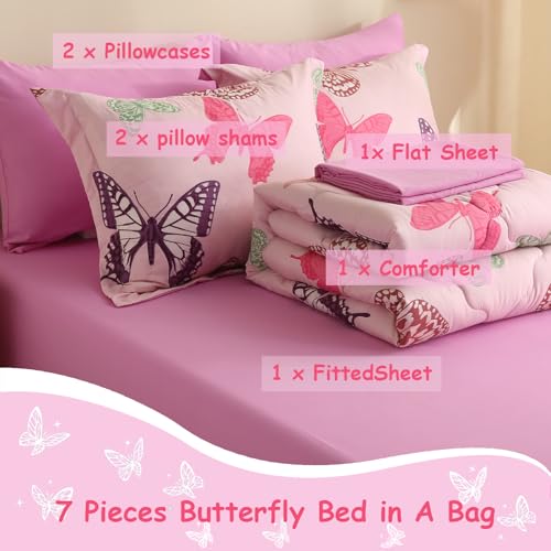 Pink Girls Butterfly Bedding Set Full Size 7 Piece Glow in The Dark Butterfly Comforter with Sheets & Pillowcases Soft Microfiber Bed in A Bag for Kids Teens All Season - color: Glow Butterfly, size: Full