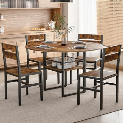 Round Dining Table Set for 4, 5-Piece Kitchen Table and Chairs with Storage Shelf, Circle Dinner Table Set with Wooden Tabletop & Metal Legs, for Kitchen & Dining Room, Rustic Brown and Black