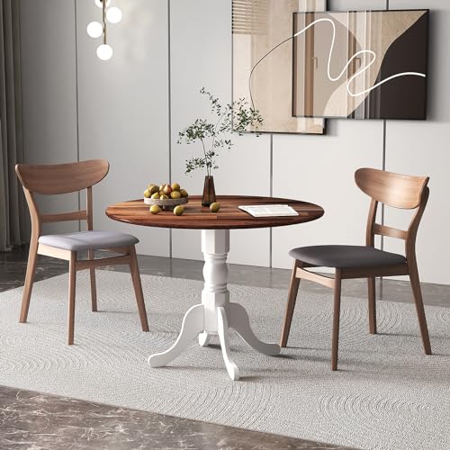 GIANTEX Round Dining Table, 39" D X 29" H, Rubber Wood Pedestal Table W/Round Tabletop & Curved Trestle Legs, 4-Person Dinner Table for Kitchen, Dining Room, Restaurant (Walnut & White) - color: Walnut & White