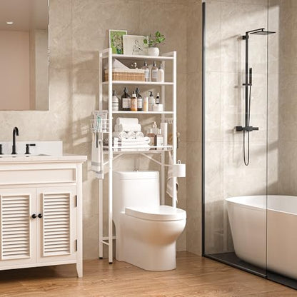 Over-The-Toilet Storage Rack, 4-Tier Bathroom Organizer Shelf Over Toilet with Adjustable Shelf and Basket, Freestanding Space Saver Bathroom Shelves Above Toilet for Room(White) - color: White