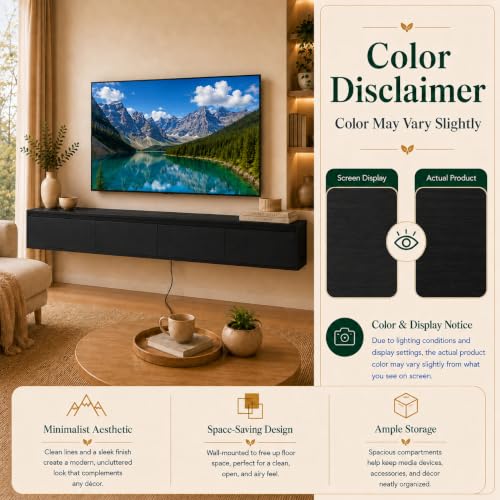 Black Floating TV Stand Wall Mounted, 72.8" Media Console | Fits Up to 80* TV, Black finish, midcentury modern tv stand. - color: Black-c