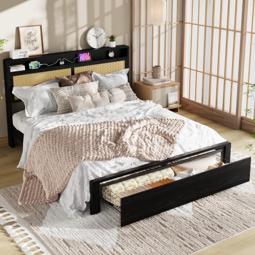 Garvee Queen Wooden Rattan Bed Frame Bohemian with Storage and LED Lights | Cane Headboard with Charging Station, Wooden Slats, Noise-free, No Box Spring. Country Farmhouse Bed Frames Black - color: Black, size: Queen
