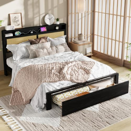 Garvee Queen Wooden Rattan Bed Frame Bohemian with Storage and LED Lights | Cane Headboard with Charging Station, Wooden Slats, Noise-free, No Box Spring. Country Farmhouse Bed Frames Black - color: Black, size: Queen