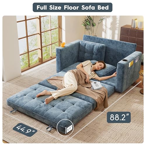 55" Convertible Folding Sofa Bed, Pull Out Couch Love Seat Sleeper Bed, Small Fold Out Loveseat sleeper with Cup Holder and Pillow for Small Space, Bedroom Lounge, Dorm, Living Room(Blue Chenille) - color: Blue