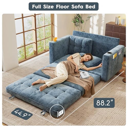 55" Convertible Folding Sofa Bed, Pull Out Couch Love Seat Sleeper Bed, Small Fold Out Loveseat sleeper with Cup Holder and Pillow for Small Space, Bedroom Lounge, Dorm, Living Room(Blue Chenille) - color: Blue
